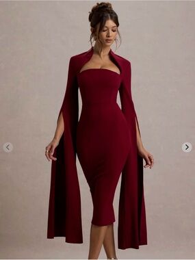Elegant Burgundy Midi Sheath Dress with Cape Sleeves